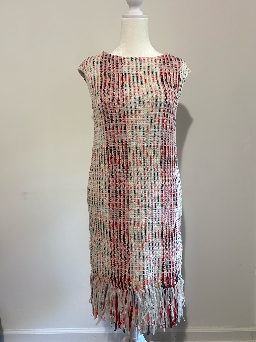 St. John Multi-Color Tweed Sleeveless Dress with Fringe Hem